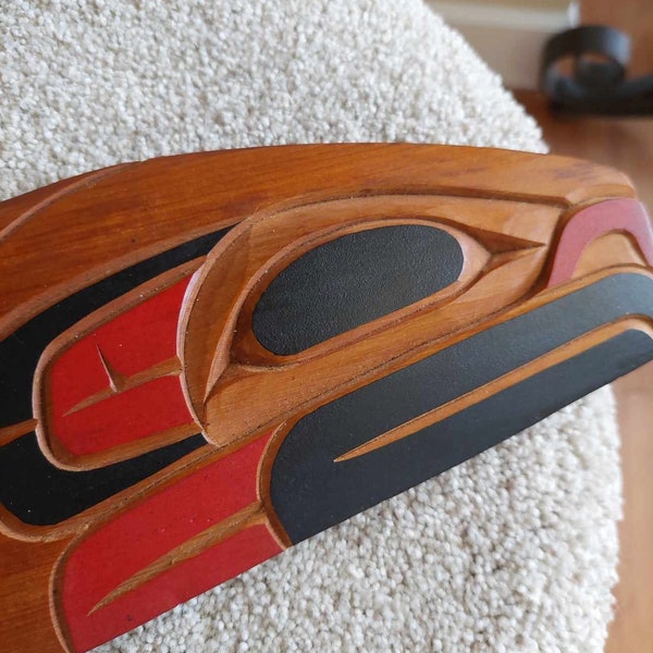 25 Inch Vintage Thunderbird, Salmon and Warrior Cedar Carving, Coast Salish, Gus Modeste, 1998