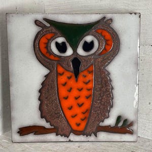 Könnte beinhalten: Eine Keramikfliese mit einem handgemalten Eulenmotiv. Die Eule ist braun mit orangefarbenen Akzenten und hat große, schwarze Augen. Die Fliese hat einen weißen Hintergrund.