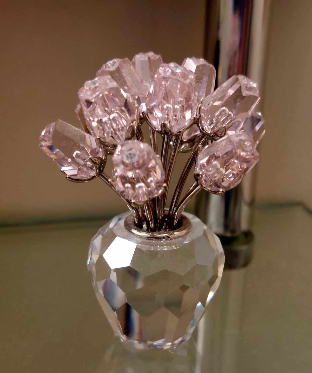 Swarovski Crystal Vase of 12 Pink Roses #628343 Signed With Swan