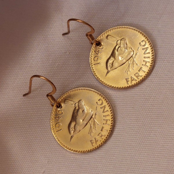 Vintage English Farthing Gold Plated Coin Earrings, 1946