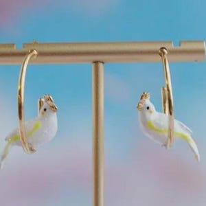 Bill Skinner Sweet Gold Plated White Parrot Stud Hoop Earrings