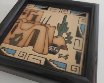 Southwest Earthtones, Zuni Hand Made Framed Tile, 7 x 7 inches