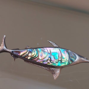 Vintage Abalone Shell Sterling Silver Sword Fish Brooch Pin
