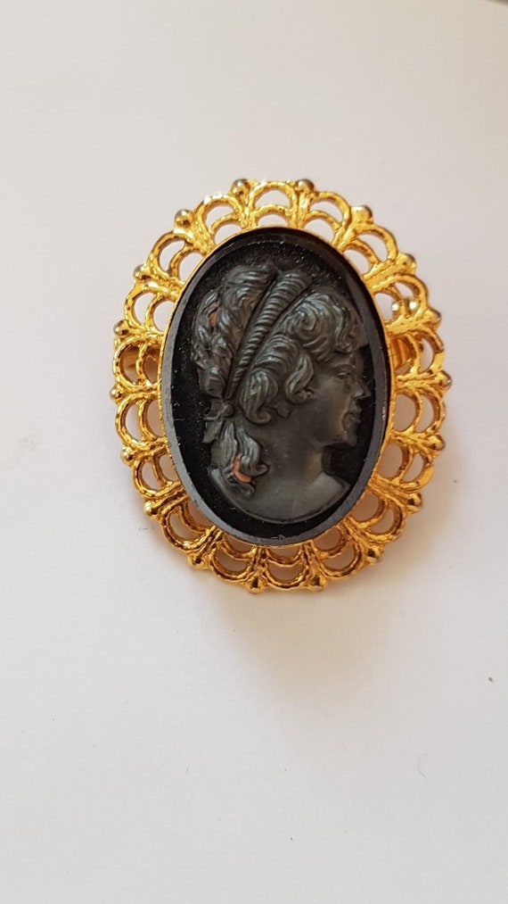 black glass and blackened steel 1980\u2019s Victorian Revival gothic black cameo brooch retro metal punk goth