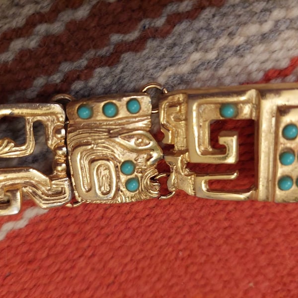 Mexico  Inca Design Gold Plated and Turquoise Linked Bracelet