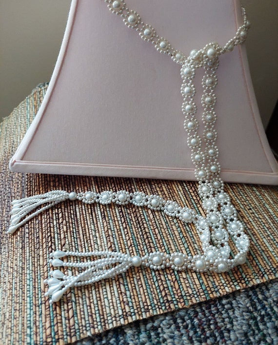 Vintage Intricate Woven Pearl Lariet Necklace wit… - image 1
