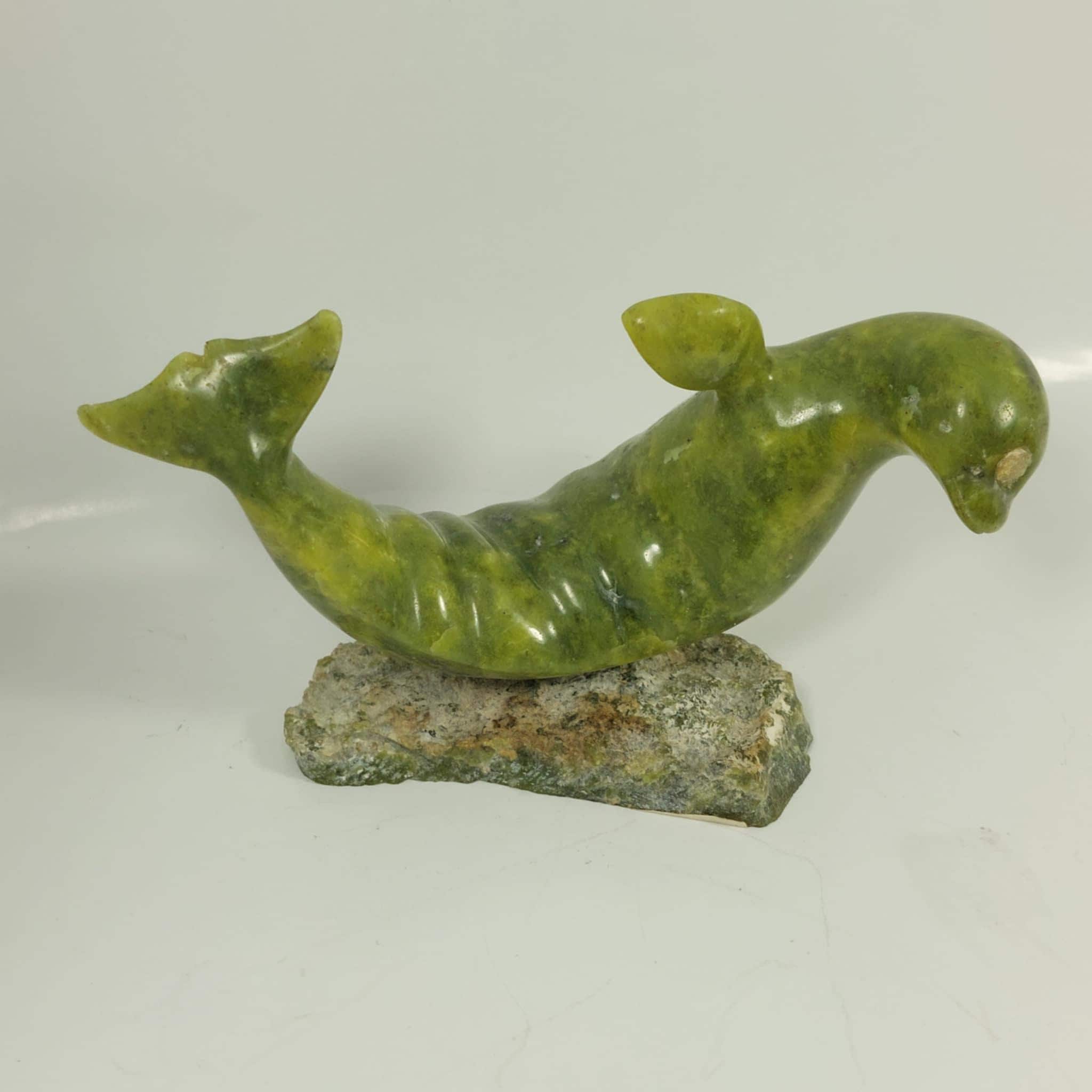 Small Inuit Carved SEAL Green Soapstone, Signed and Stickered E