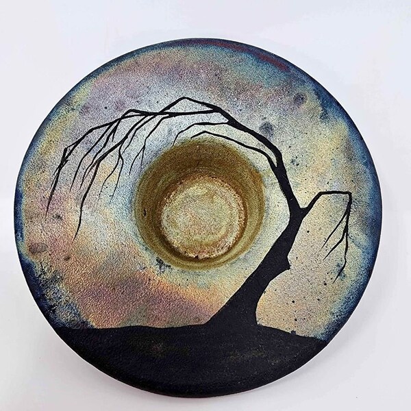 Raku Studio Pottery Iridescent Tree Sillouette Bowl