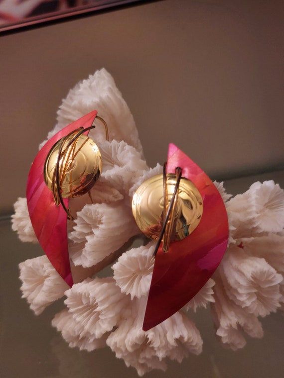 Enamel Pink and Gold Artisan Made Earrings - image 4