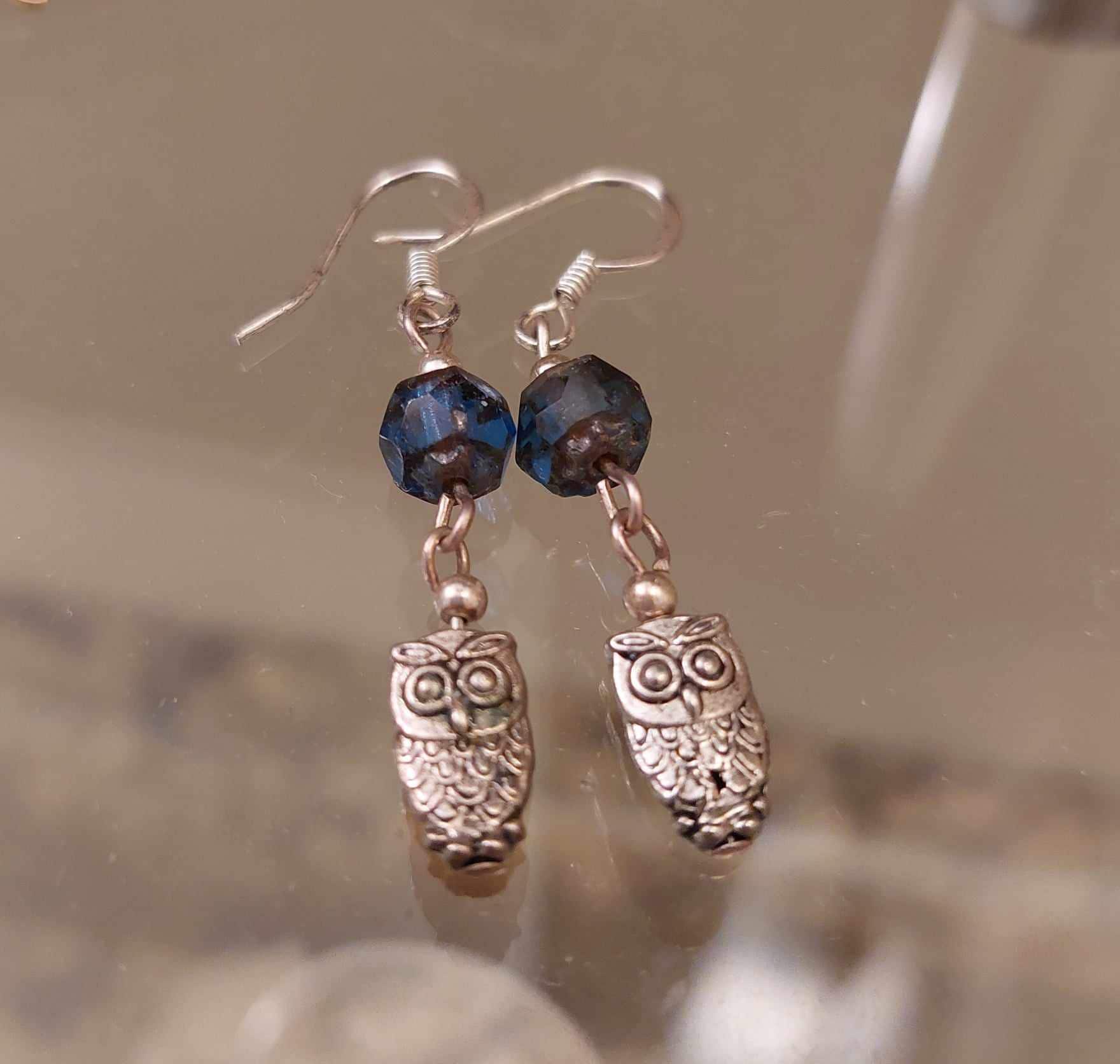 Owl Earrings with Blue Czech Beads