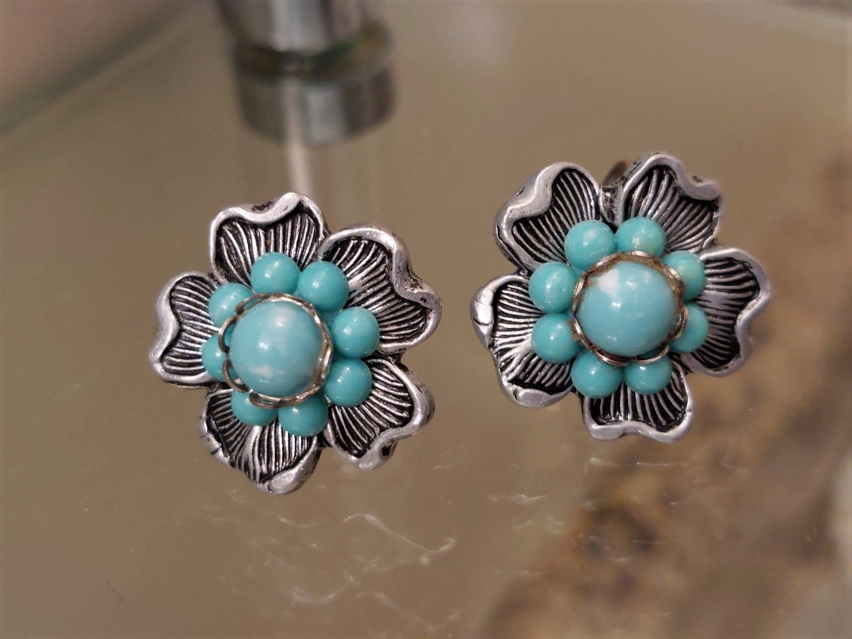 Boucles D'oreilles Vintage Clips Argent Et Turquoises - Occasion, Style Art Déco