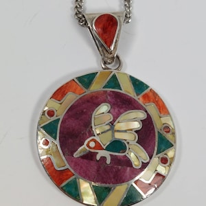 Vintage Inlaid Shell and Coral Sterling Hummingbird Pendant Necklace, Signed Sterling
