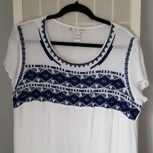 White Cotton and Blue Embroidered long Sundress Lined ,Size Large image 1