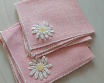 4 vintage roze linnen kleine servetten met geborduurde bloemen - set van 4..