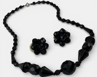 Vintage French Jet Black Glass Necklace & Clip Earring Set – Art Deco Era