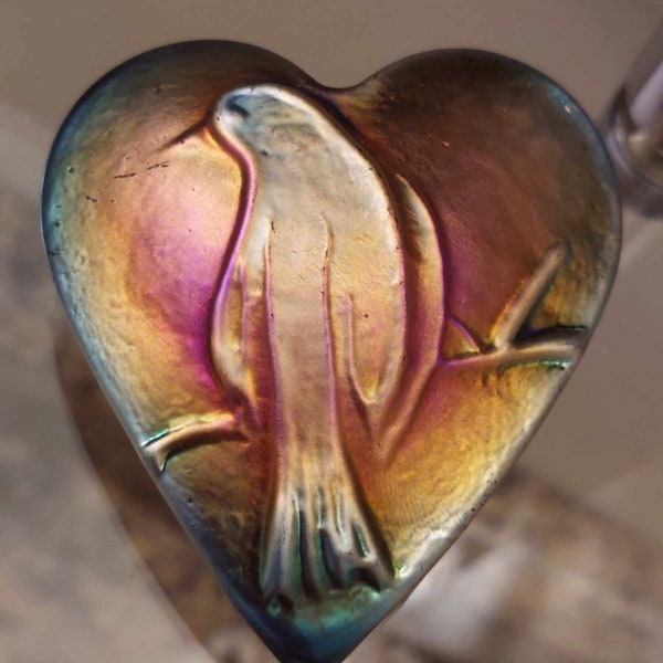 SIGNED Art Glass Purple and Gold Bird Heart Robert Held, Iridescent Heart Shaped Paper Weight,