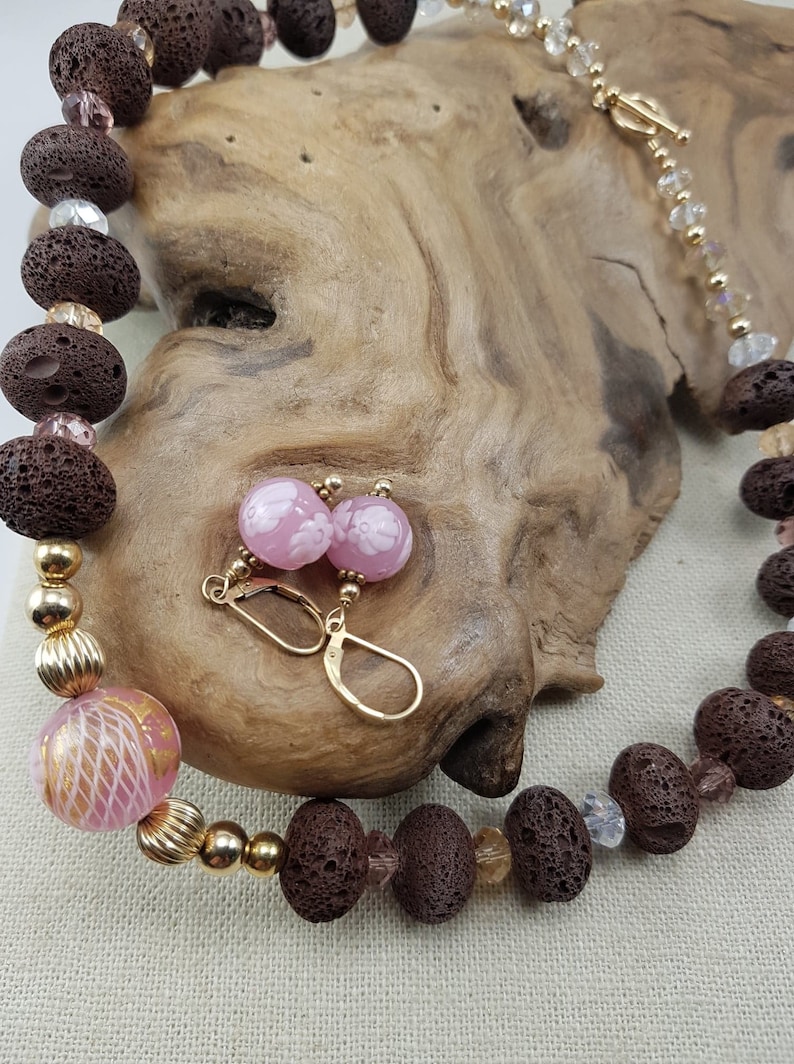 Vintage Murano Italian Pink Glass and Brown Beaded necklace with Matching Earrings