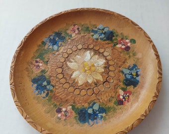 Vintage Hand Carved and Painted Small Wood Plate