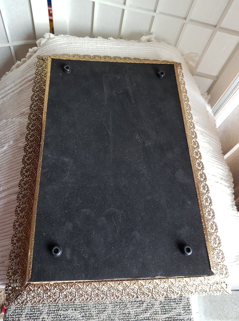 Rectangle Vintage Brass and White Filigree Footed Vanity Mirror