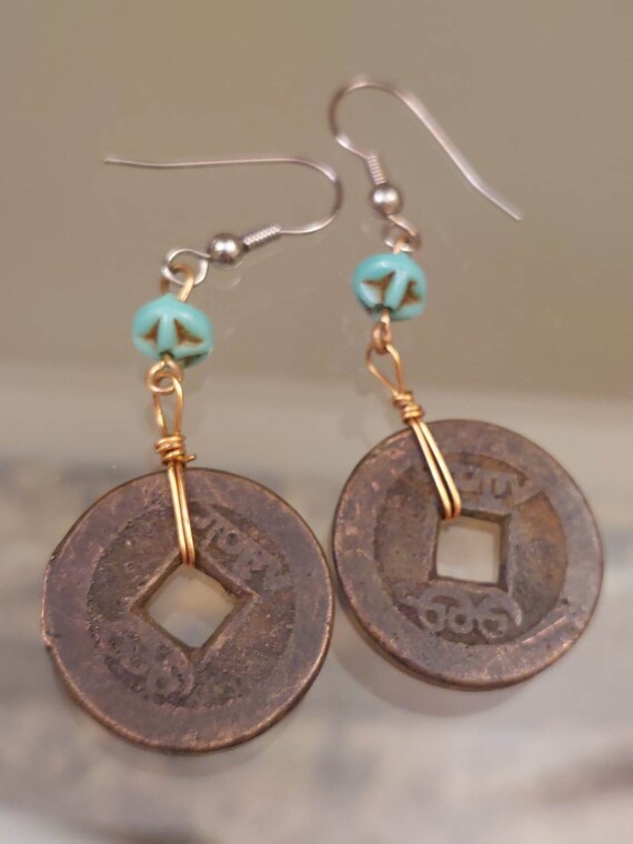 Vintage Coin Dangle Earrings, I Ching coins