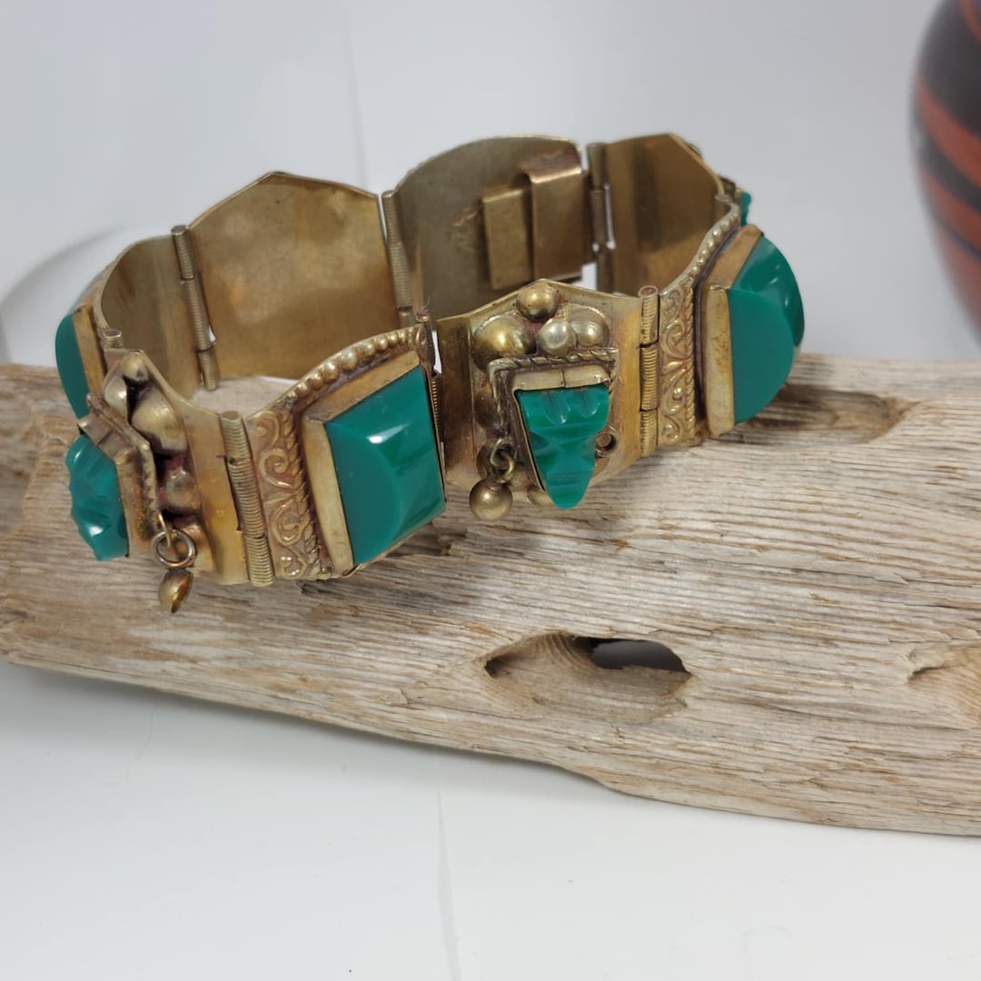 Mexico Vintage Alpaca Brass Panel Bracelet With Green Glass Stones