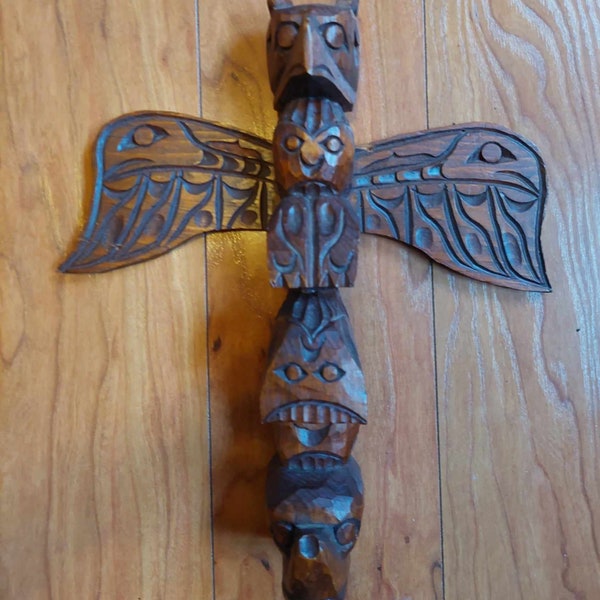 Vintage THUNDERBIRD Wood Native Totem Pole- Hand Carved and SIGNED
