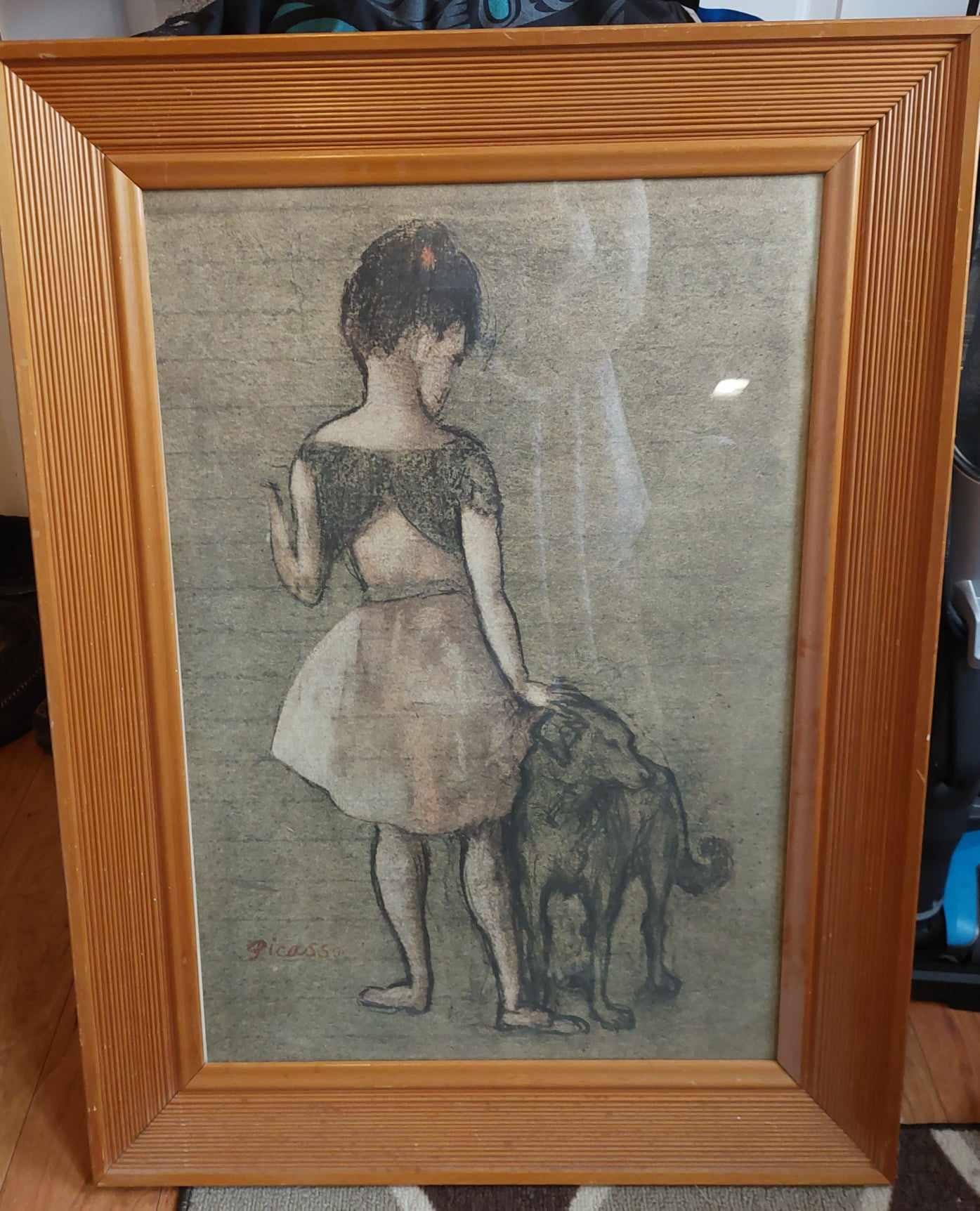* antique picture ❀* 女の子とワンちゃんのいる 版画プリント Retro Pablo Picasso, Girl With Dog, 1905 Framed.. 1950's 24