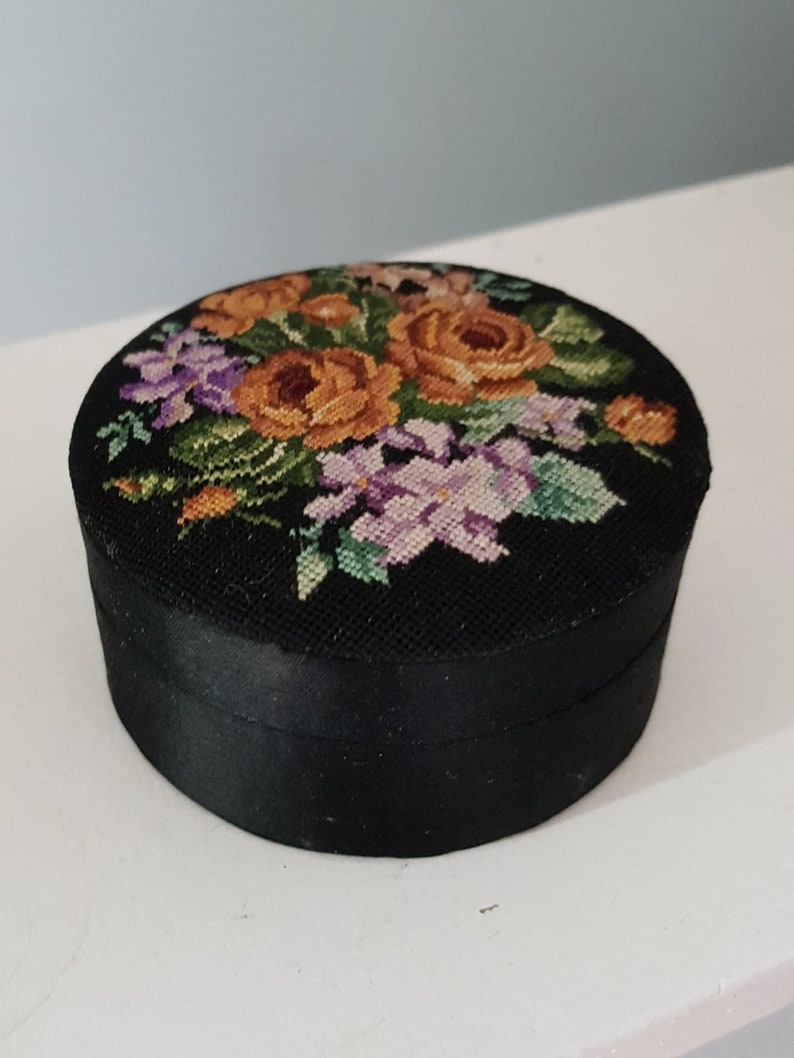 Vintage Embroidered Black Jewelry Trinket Container