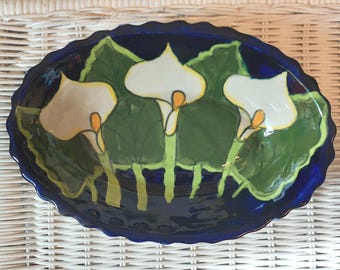 Vintage Tonala Flowers Shallow Bowl , Mexican Pottery  , Hand painted Mexico Pottery