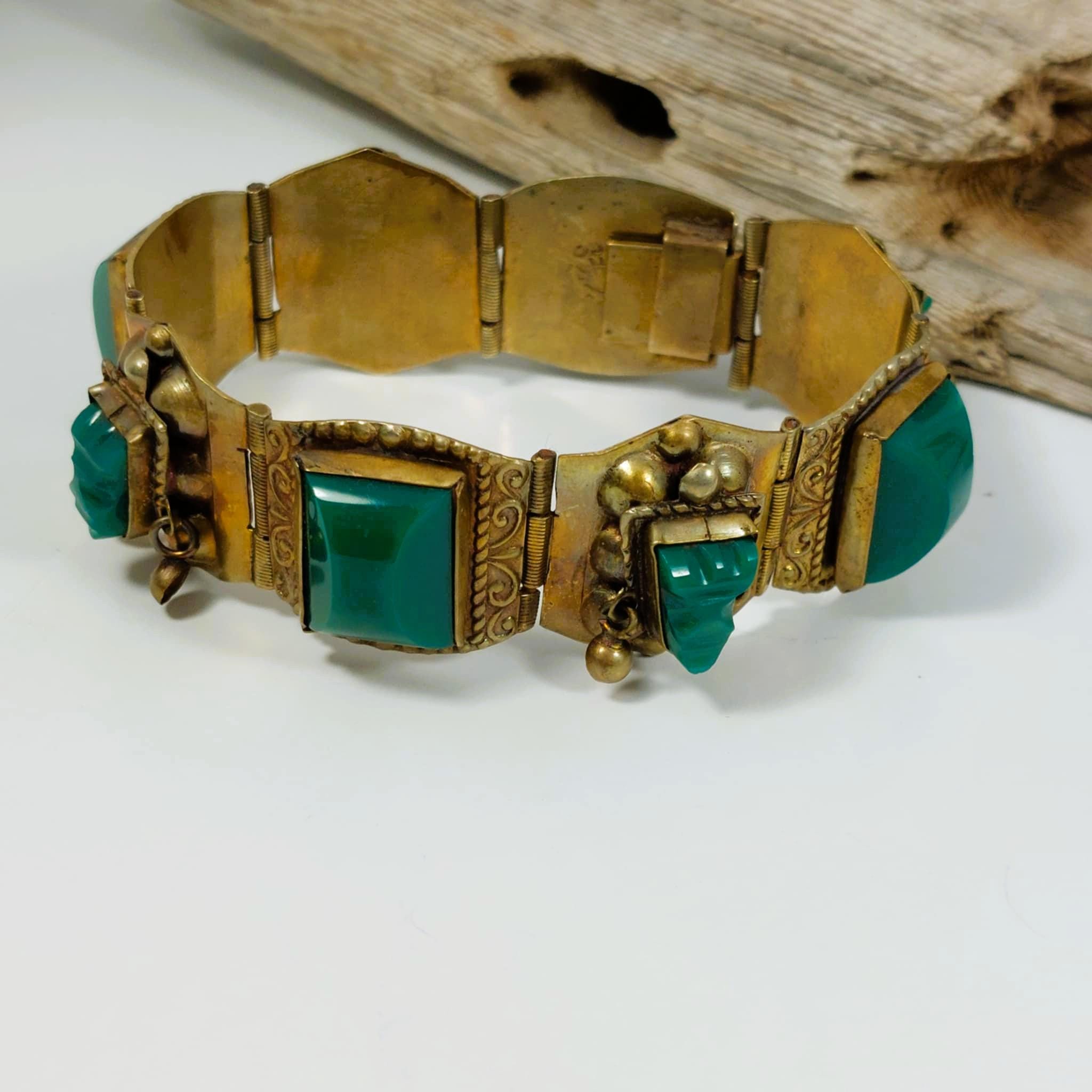 Mexico Vintage Alpaca Brass Panel Bracelet With Green Glass Stones