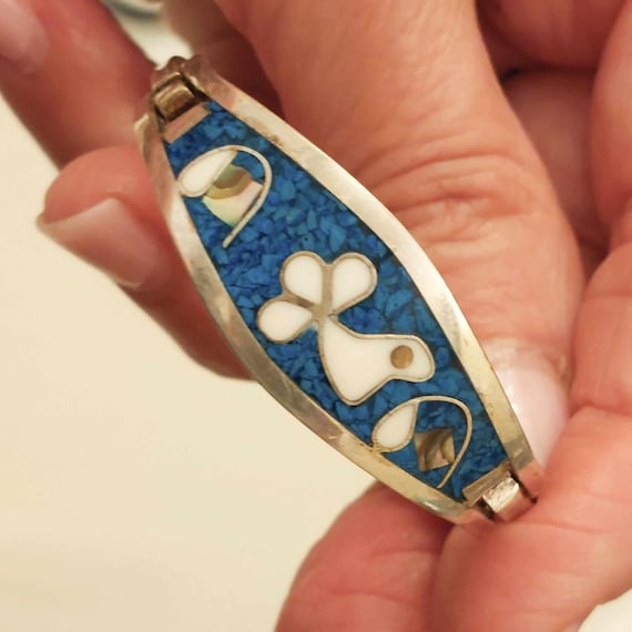 Bracelet Manchette Mexicain En Argent Sterling - Art Scrimshaw Signé, Provenance Mexique - Occasion Très Bon état