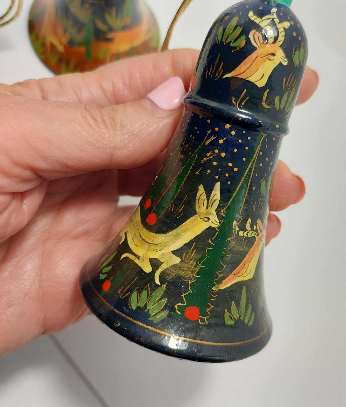 TWO Vintage India Hand Painted DEER Wood Kashmir Bells, 4.25 Inches