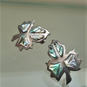 Vintage Mexico Abalone Shell Leaf Screw back Earrings Inlaid with Sterling Silver