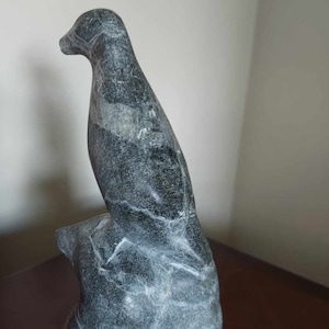 Vintage Inuit Canadian Grey Soapstone Seal with Fish, Signed and Numbered, 7 Inches