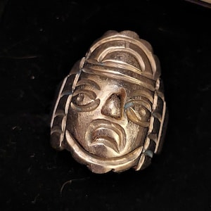 Vintage Silver-Hand Carved RING, God Goddess FACE-Mexican Mexico Incan Inca Aztecan Peruvian Peru