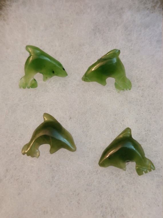 ONE Pair of Vintage BC Jade stone Carved Dolphin S