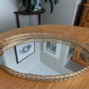 Antique Round Bevelled Edge Large mirror/tray with wooden frame Large 21”