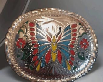 Klamra do paska w stylu retro vintage z inkrustowanym kamieniem i motylem w kolorze srebrnym