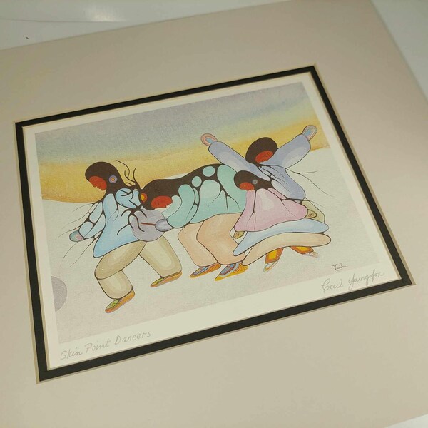 Set of 2 vintage matted prints by indigenous artist Cecil Youngfox. “Returning” and “Skin Point Dancers”