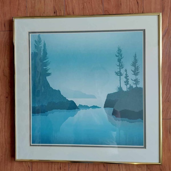 Vintage Large Misty West Coast Blue Framed Scene, Minimalist Water and Tree Picture