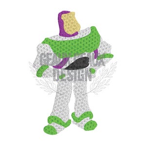 Op de afbeelding: Een groen, paars en wit cartoonfiguur met een ruimte-ranger ontwerp. Het figuur staat met gekruiste armen en heeft een witte helm met een geel vizier.
