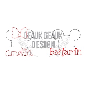 May include: Two black and white outline Mickey Mouse heads with red bows and greenery. The name Amelia is written below the girl's head and the name Benjamin is written below the boy's head.