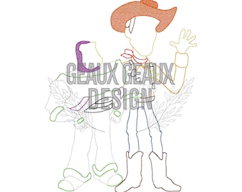 Peut inclure: Un motif de broderie représentant les contours de deux personnages, l'un portant un chapeau de cowboy et des bottes, l'autre avec une capuche violette, agrémenté de motifs de feuilles vertes. Le texte GEAUX GEAUX DESIGN est centré sur les figures.