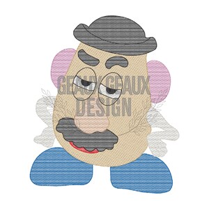 Op de afbeelding: Een cartoonillustratie van Mr. Potato Head met een zwarte hoed, bruine ogen, een zwarte snor en een roze oor. Hij draagt ​​een blauwe spijkerbroek en heeft een bruine neus.