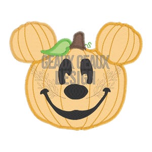 May include: An embroidery design featuring a light orange pumpkin shaped like a mouse head with two smaller pumpkin ears. It includes a brown stem, a green leaf, black eyes, a black nose, and a wide black smile, with the text GEAUX GEAUX DESIGN.