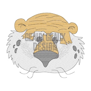 May include: An embroidery design of a tiger face featuring a golden yellow forehead with black stripes, white fur cheeks, and a dark gray nose. The design includes the text GEAUX GEAUX DESIGN overlaid across the center of the tiger's face.