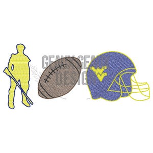 May include: A yellow stick figure holding a stick, a brown football, and a blue and yellow football helmet with a white W.