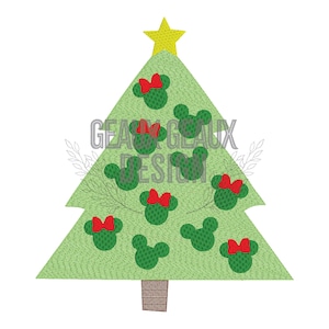 May include: A green Christmas tree with a yellow star on top. The tree is decorated with red bows and Mickey Mouse heads.