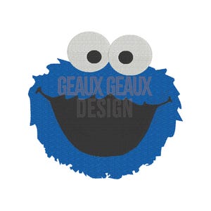 Puede incluir: Personaje azul de Cookie Monster con una gran sonrisa y grandes ojos blancos con pupilas negras. El personaje tiene un cuerpo azul peludo y una boca negra.