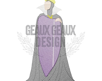 Op de afbeelding: Een paarse en zwarte illustratie van de boze koningin uit Sneeuwwitje, die een gele kroon en een paarse cape draagt. De tekst "GEUX GEAUX DESIGN" staat op de achtergrond.